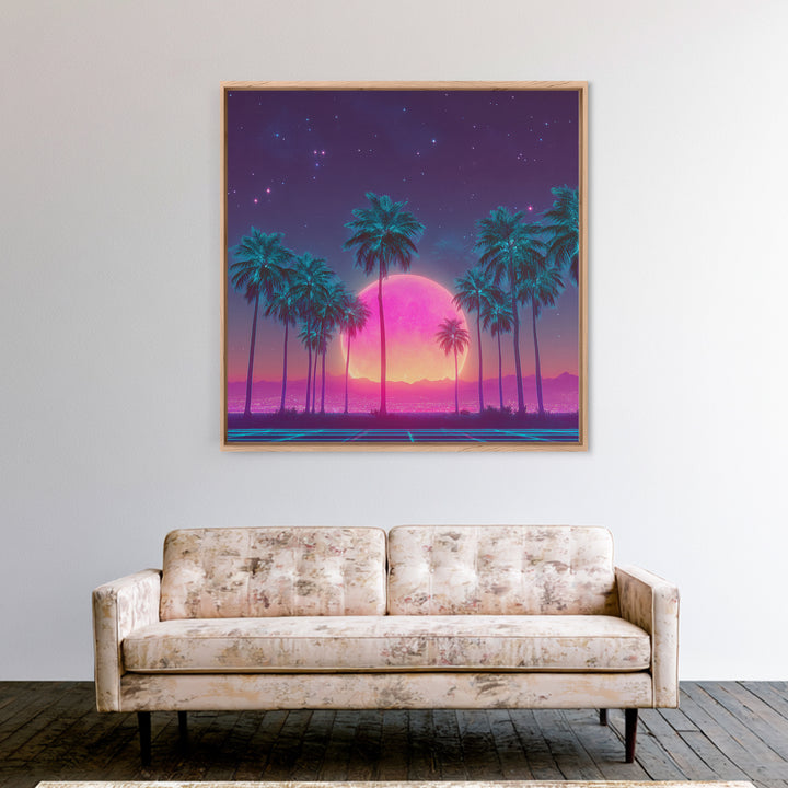 Vibrant Neon Cityscape With Palm Trees And Pink Moon Night Sky Futuristic Wall Art Framed Canvas Print For Living Room