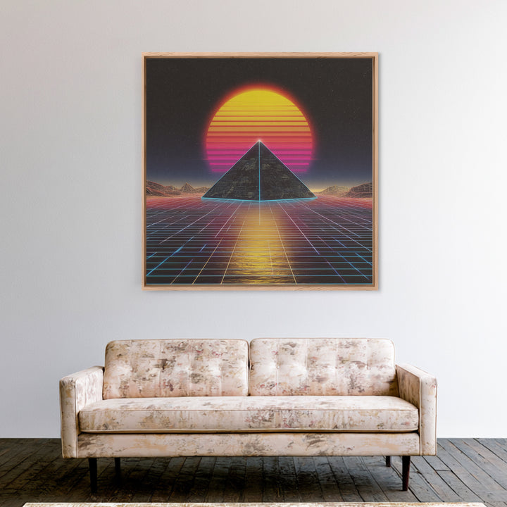 Retro Synthwave Pyramid Sunset Wall Art, Neon Grid Landscape Canvas Print, 80s Aesthetic Home Decor, Sci Fi Poster
