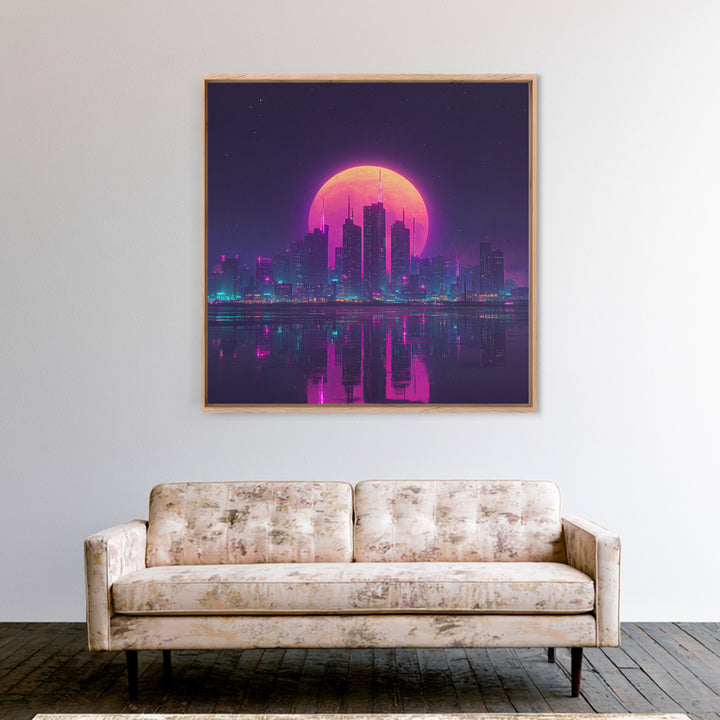 Neon Moon Over Futuristic City Skyline Wall Art, Cyberpunk Night Cityscape Print, Modern Gaming Room Canvas Print