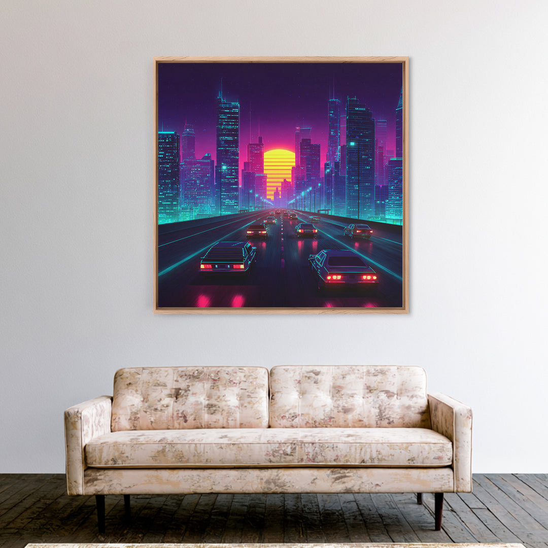 Neon Retro Highway Cityscape Wall Art, Futuristic Synthwave Sunset Canvas Print, Cyberpunk City Modern Home Decor