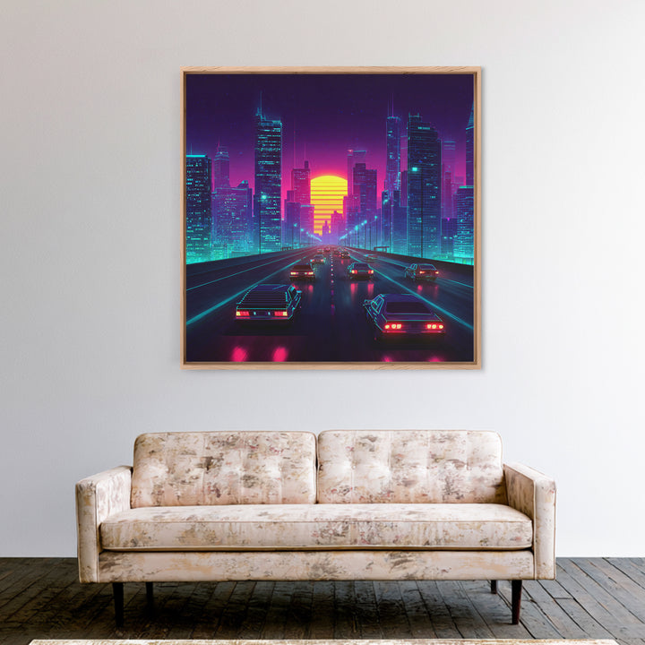 Neon Retro Highway Cityscape Wall Art, Futuristic Synthwave Sunset Canvas Print, Cyberpunk City Modern Home Decor