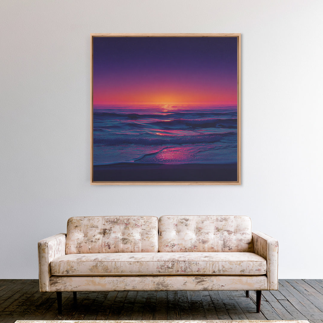 Neon Sunset Over Ocean Waves Wall Art, Colorful Coastal Landscape Print, Modern Beach House Decor Canvas Print