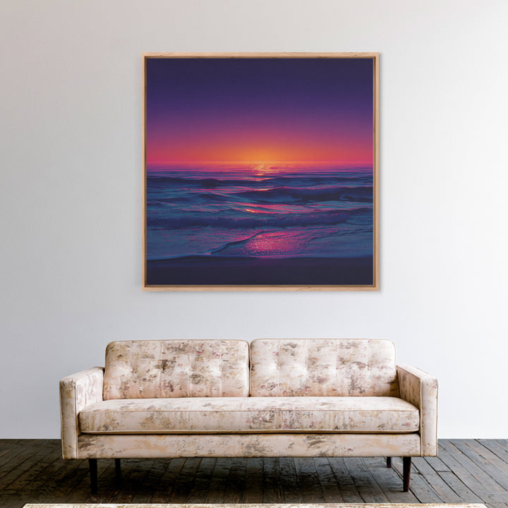 Neon Sunset Over Ocean Waves Wall Art, Colorful Coastal Landscape Print, Modern Beach House Decor Canvas Print