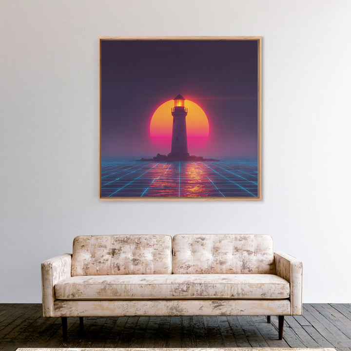 Retro Futuristic Lighthouse Neon Sunset Canvas Print, Synthwave Coastal Wall Art, Vaporwave Ocean Scene For Gaming Room Decor