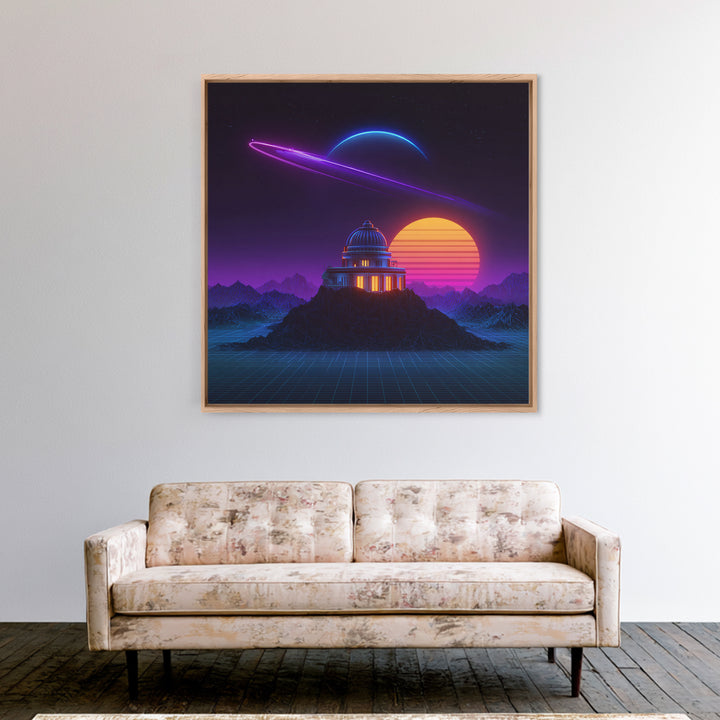 Retro Futuristic Observatory Space Landscape Wall Art, Neon Planet Sci Fi Canvas Print, Vaporwave Decor For Gaming Room