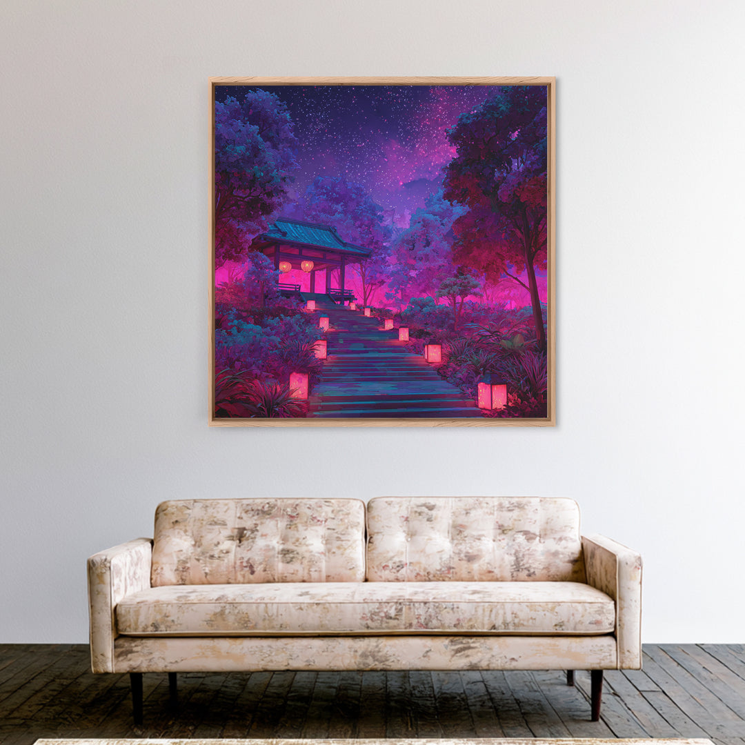Neon Garden Lantern Path Under Starry Sky Wall Art, Dreamy Japanese Landscape Canvas Print, Aesthetic Room Decor