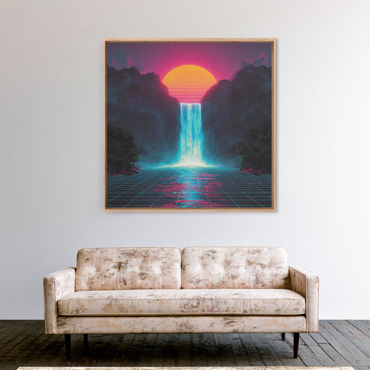 Neon Waterfall Sunset Sci Fi Landscape Wall Art Retro Futuristic Mountain Canvas Print For Gaming Room Modern Home Decor