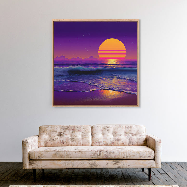 Neon Waves At Dusk Ocean Wall Art, Retro Sunset Beach Print, Vibrant Coastal Home Decor, Synthwave Seascape Living Room Wall Art