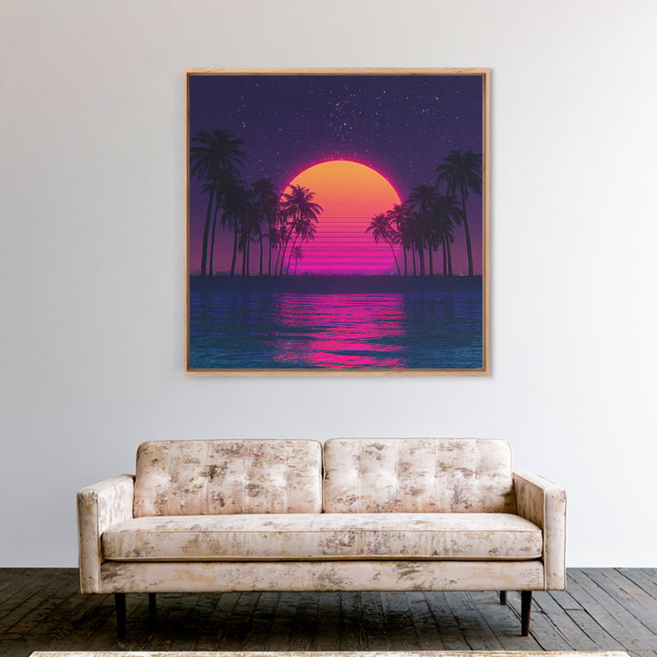 Neon Sunset Palm Tree Beach Canvas Print, Retro Wave Ocean Wall Art, Vibrant Coastal Home Decor, 80s Synthwave Bedroom Art