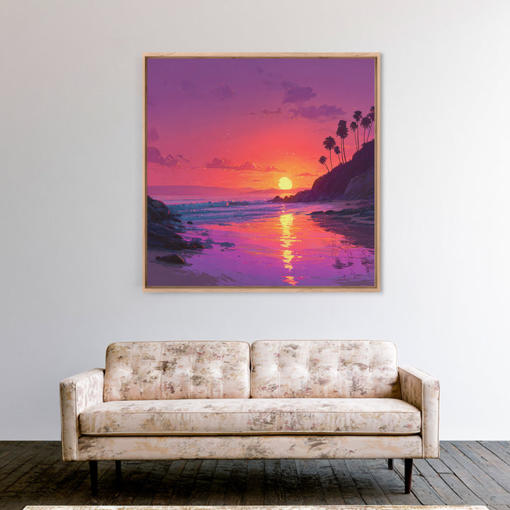 Tropical Sunset Beach Wall Art, Pink Orange Ocean Painting, Coastal Landscape Print, Modern Coastal Decor Framed Canvas Print