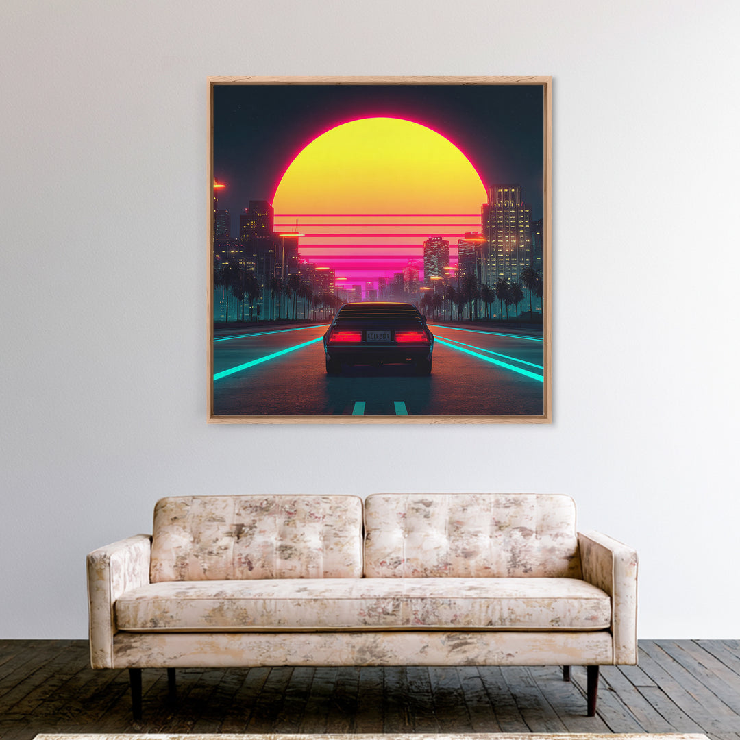 Retro Neon Car Driving Into Sunset Cityscape Wall Art Modern Abstract Framed Canvas Print Home Decor