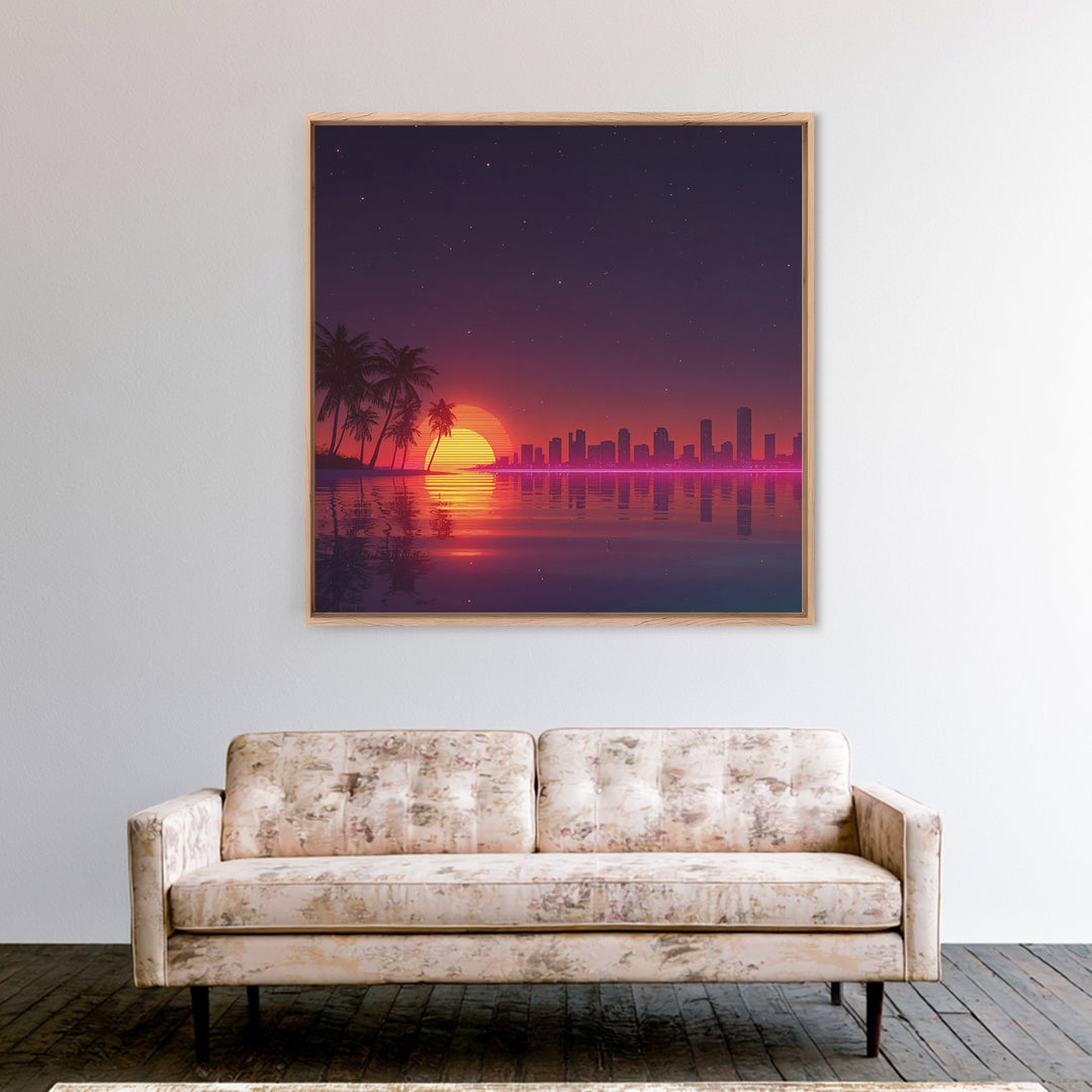 Neon City Skyline Sunset Over Water Retro Coastal Wall Art, Vibrant Nightscape Canvas Print For Modern Home Decor