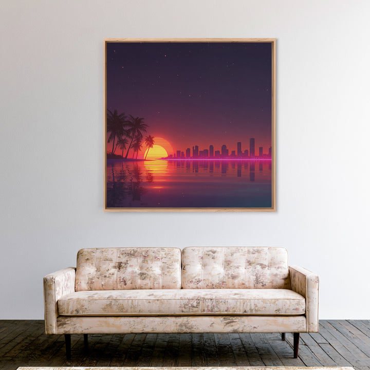 Neon City Skyline Sunset Over Water Retro Coastal Wall Art, Vibrant Nightscape Canvas Print For Modern Home Decor