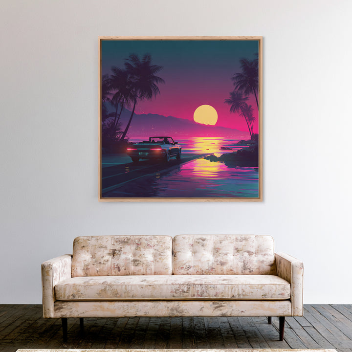 Retro Convertible Driving Into Neon Sunset Wall Art, 80s Aesthetic Beach Road Canvas Print, Vaporwave Room Decor