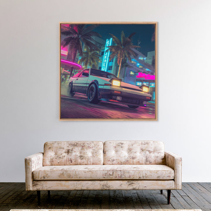 Retro Night City Car Wall Art, Neon Cyberpunk Street Canvas Print, Futuristic Cityscape Art, Gaming Room Decor Poster