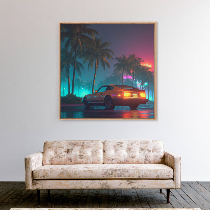 Retro Night Drive Wall Art, Neon Palm Street With Classic Car Canvas Print, Vaporwave Aesthetic Decor