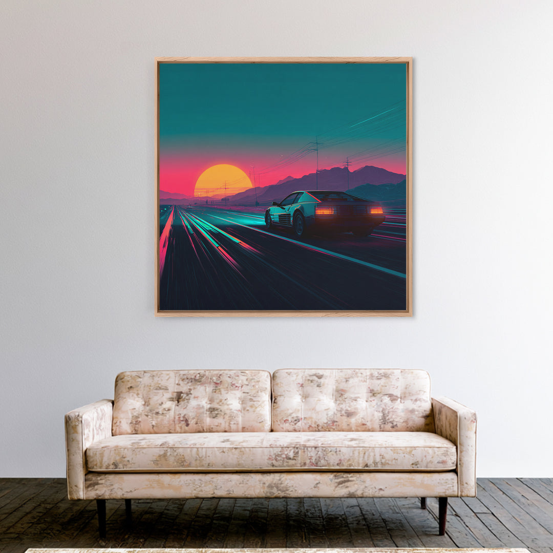 Retro Sports Car At Neon Sunset Highway Canvas Print, Vaporwave Wall Art, Cyberpunk Room Decor, Futuristic Landscape Poster