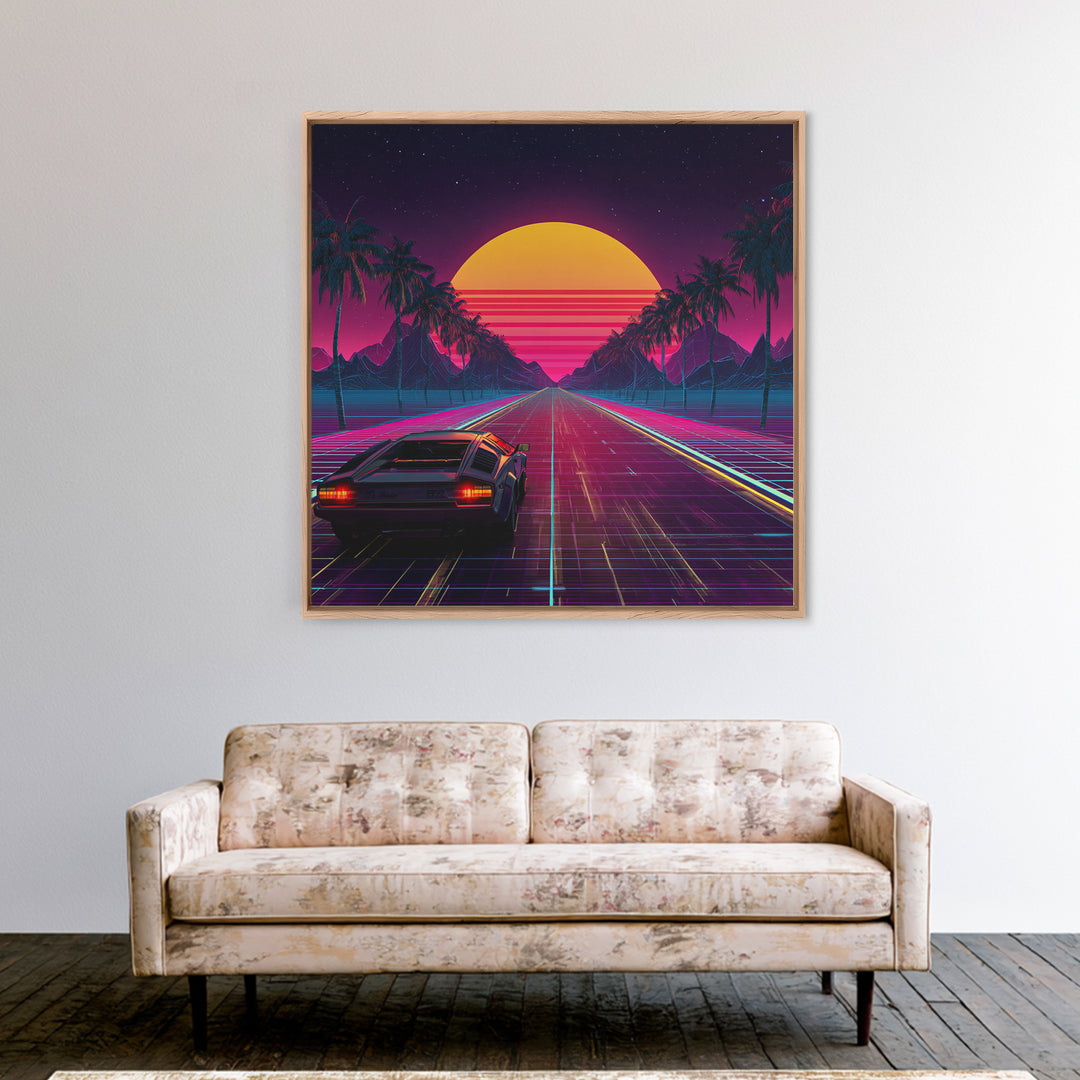 Retro Synthwave Car Driving Into Neon Sunset Wall Art, 80s Vaporwave Palm Road Aesthetic Canvas Print