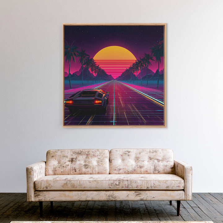 Retro Synthwave Car Driving Into Neon Sunset Wall Art, 80s Vaporwave Palm Road Aesthetic Canvas Print