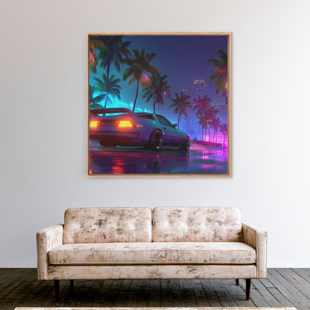 Neon Sports Car Palm Tree Night Wall Art, Retro Coastal City Canvas Print, Cyberpunk Beach Aesthetic Room Decor