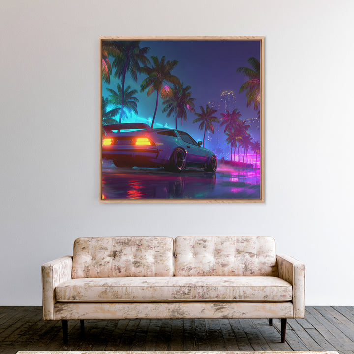 Neon Sports Car Palm Tree Night Wall Art, Retro Coastal City Canvas Print, Cyberpunk Beach Aesthetic Room Decor