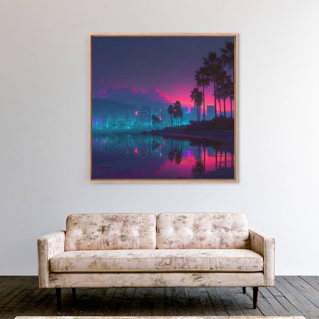 Neon City Beach Sunset Canvas Print, Retro Futuristic Coastal Wall Art, Vaporwave Room Decor Modern Living Room Wall Art