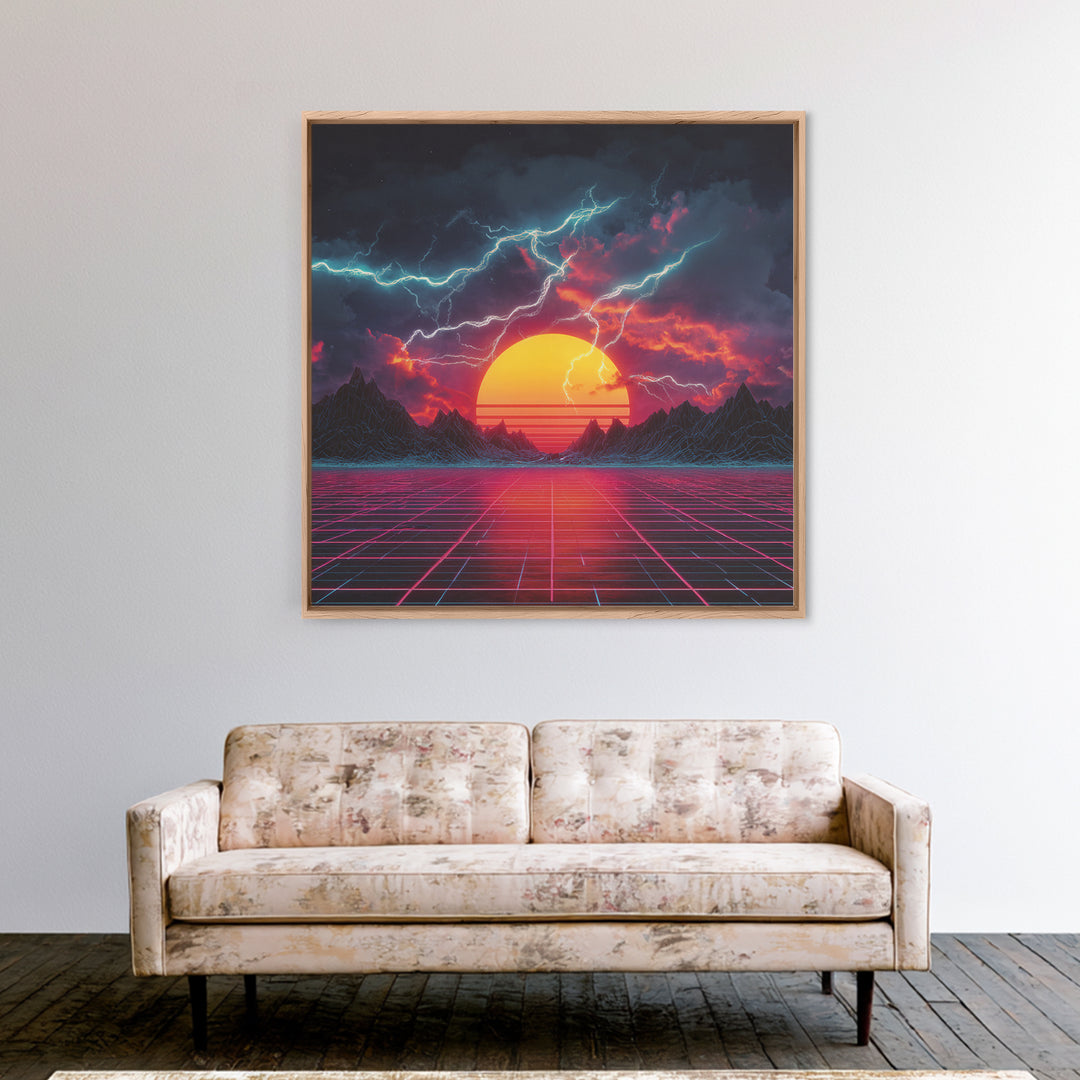 Retro Futuristic Sunset Lightning Landscape Wall Art Neon Grid Sci Fi Canvas Print Gaming Room Decor