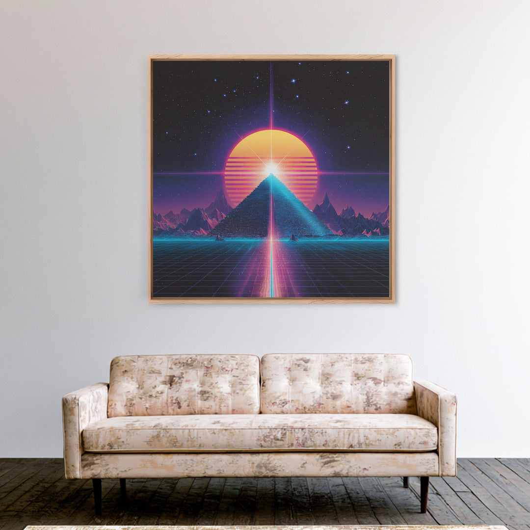 Retro Synthwave Pyramid And Sun Wall Art, Neon 80s Sci Fi Landscape, Vaporwave Gaming Room Decor, Framed Canvas Print