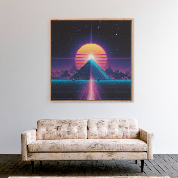 Retro Synthwave Pyramid And Sun Wall Art, Neon 80s Sci Fi Landscape, Vaporwave Gaming Room Decor, Framed Canvas Print