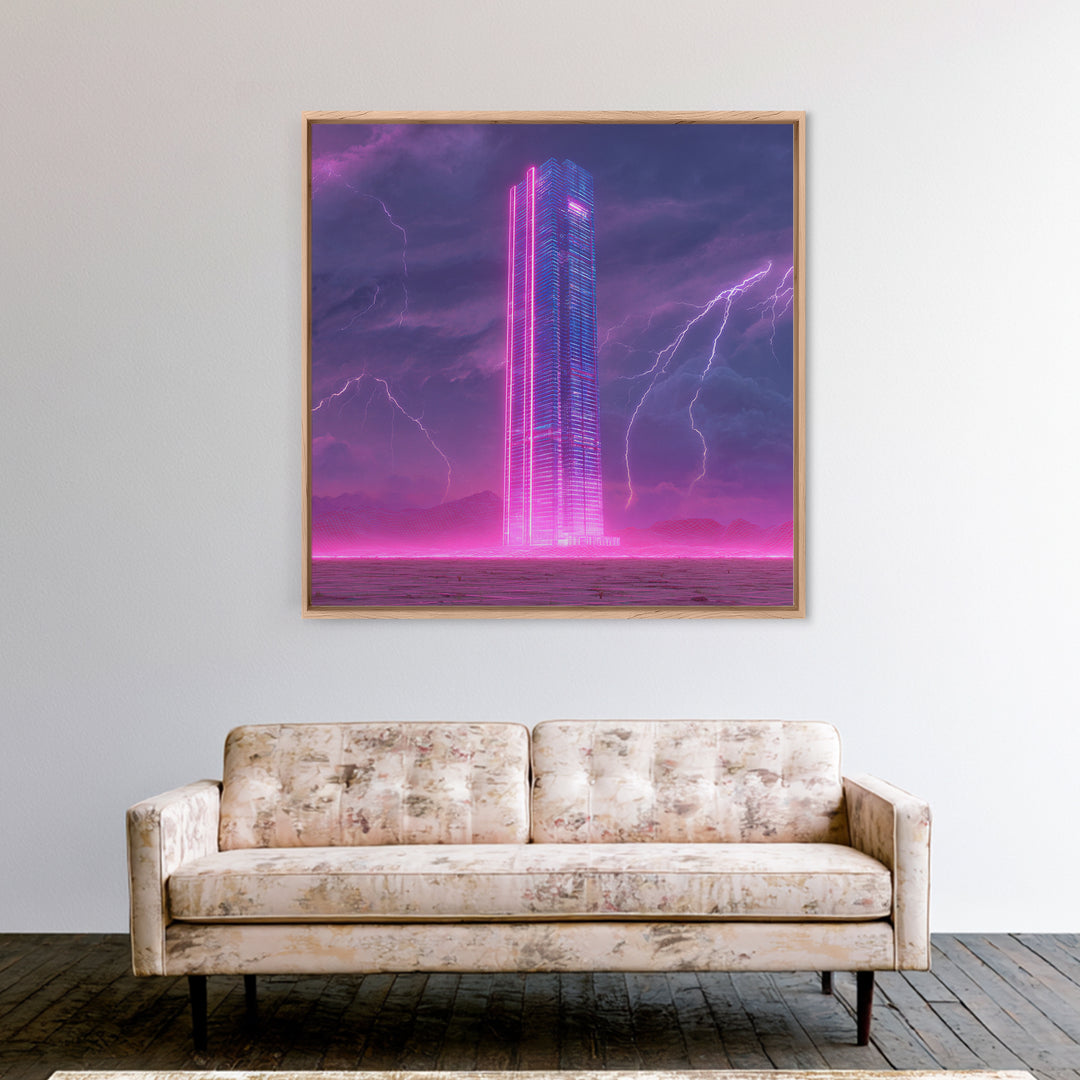 Neon Skyscraper In Storm Futuristic Wall Art, Cyberpunk Cityscape Painting, Sci Fi Modern Art Print, Gaming Room Canvas Print