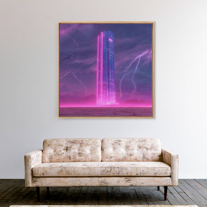 Neon Skyscraper In Storm Futuristic Wall Art, Cyberpunk Cityscape Painting, Sci Fi Modern Art Print, Gaming Room Canvas Print
