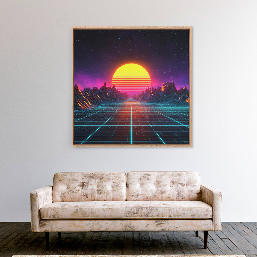 Retro Synthwave Sunset Landscape Canvas Print, Neon Cyberpunk Mountain Road Art, Gaming Room Decor Modern Wall Art