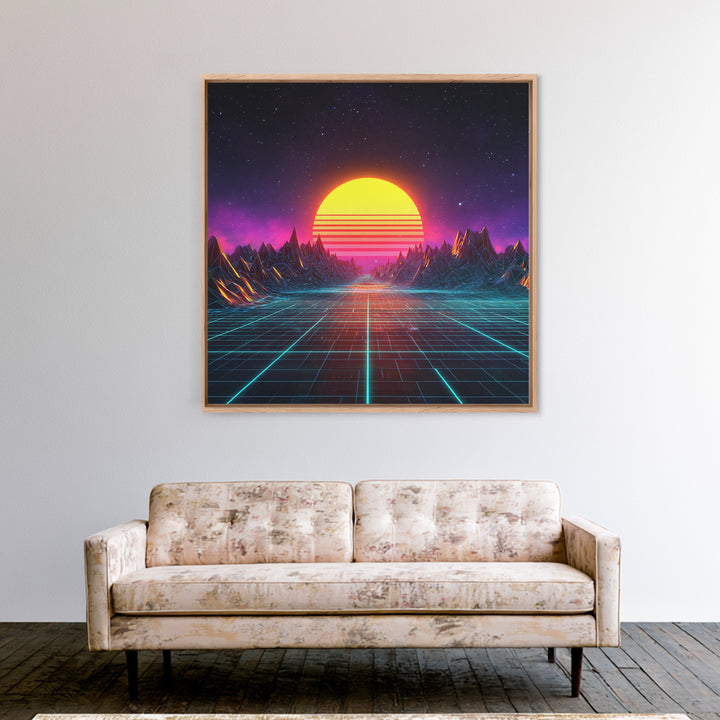Retro Synthwave Sunset Landscape Canvas Print, Neon Cyberpunk Mountain Road Art, Gaming Room Decor Modern Wall Art