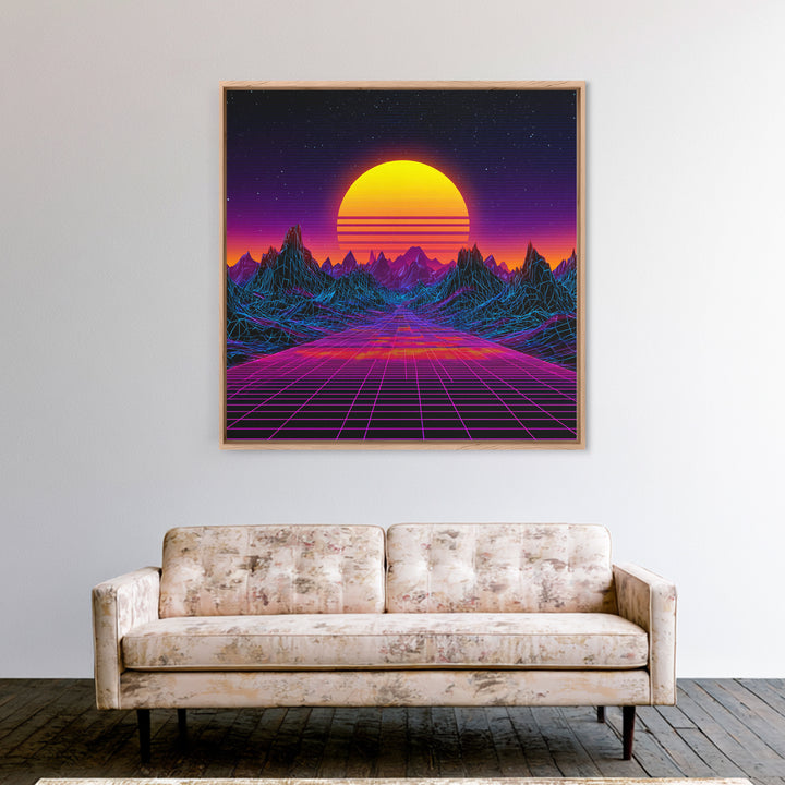 Retro Futuristic Neon Sunset Landscape Wall Art, Synthwave Mountains, 80s Vaporwave Canvas Print Home Decor