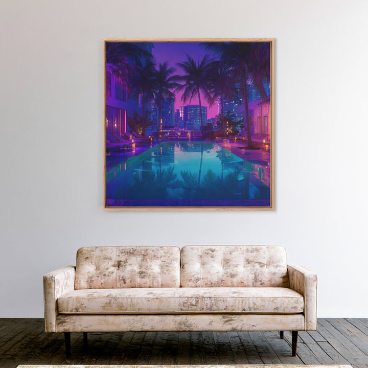Neon City Rooftop Pool Nightscape Wall Art, Tropical Palm Skyline Print, Modern Urban Apartment Decor Wall Art