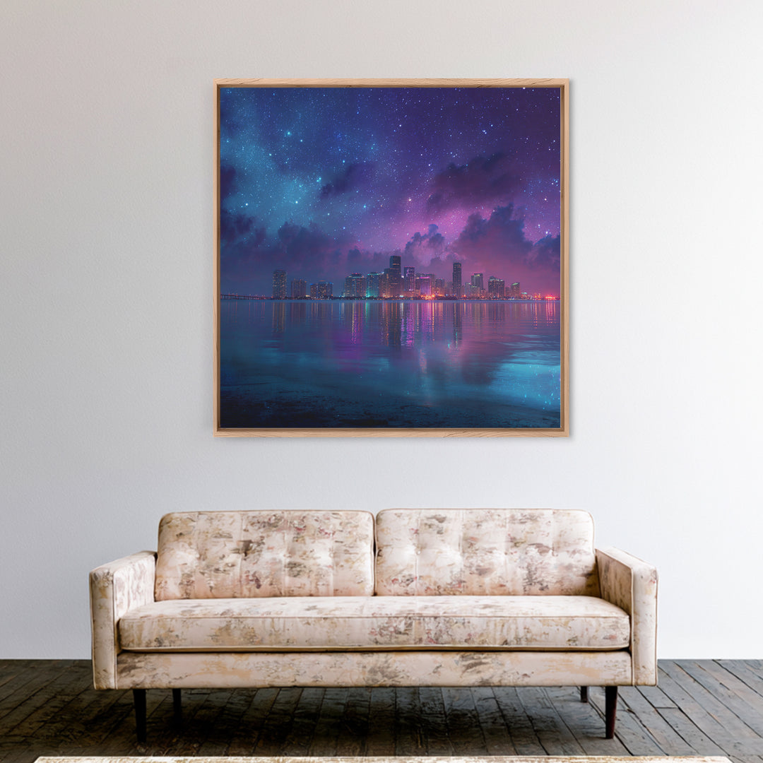 Neon City Skyline Under Starry Night Wall Art, Futuristic Coastal Canvas Print, Modern Apartment Decor