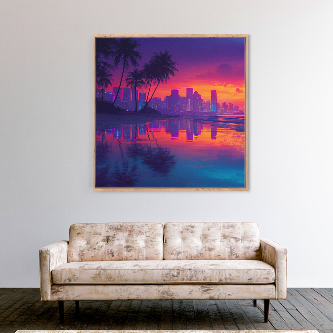 Neon Tropical City Sunset Beach Wall Art, Vibrant Coastal Canvas Print For Modern Living Room Decor And Dorm Aesthetic