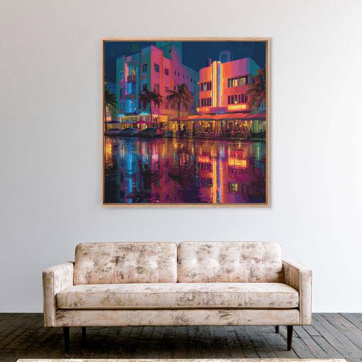Modern Neon Cityscape At Sunset Urban Wall Art Framed Canvas Print For Contemporary Home Office Decor Gift