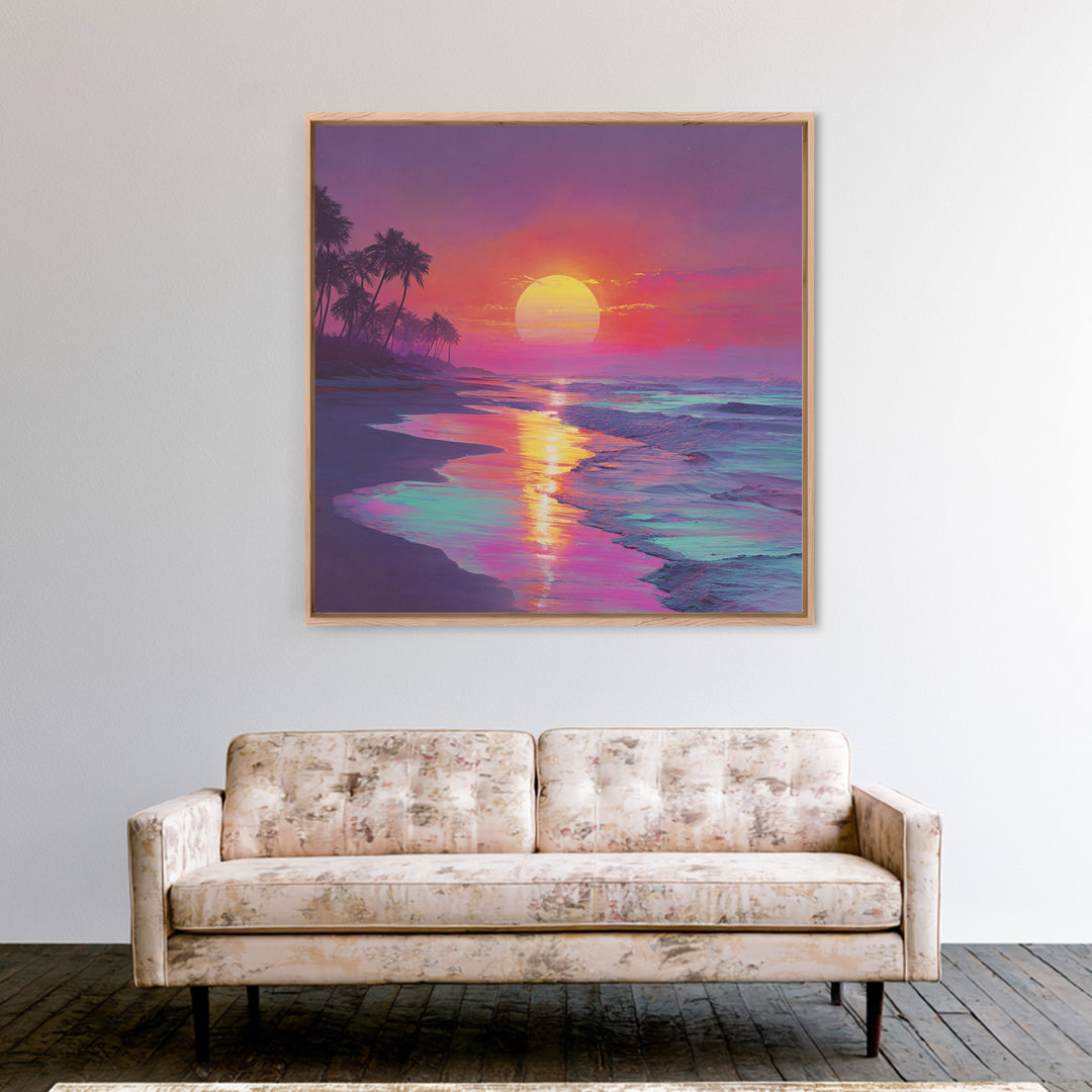 Neon Sunset Beach With Palm Trees Wall Art, Vibrant Coastal Ocean Art Print, Modern Home Decor Living Room Wall Art