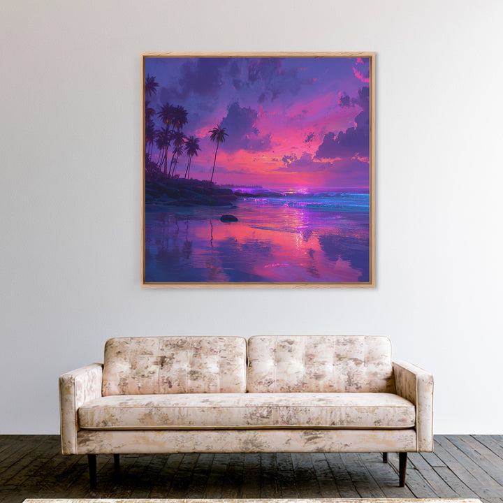 Vibrant Pink And Purple Tropical Seascape Wall Art, Palm Tree Sunset Ocean Landscape Canvas Print Decor