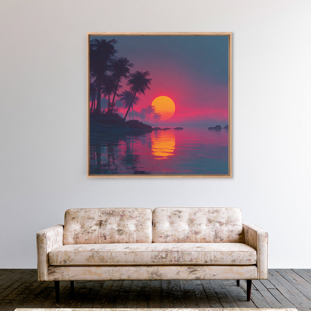 Pink And Teal Tropical Sunset Wall Art, Dreamy Coastal Landscape Canvas Print, Beach House Decor, Modern Ocean Painting