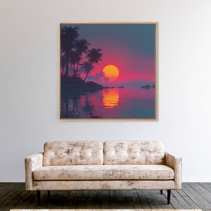 Pink And Teal Tropical Sunset Wall Art, Dreamy Coastal Landscape Canvas Print, Beach House Decor, Modern Ocean Painting