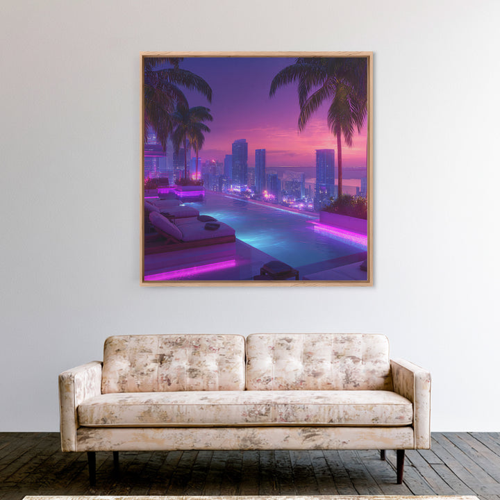 Neon City Rooftop Pool At Dusk Wall Art, Futuristic Skyline Canvas Print For Modern Apartment Decor And Gaming Room