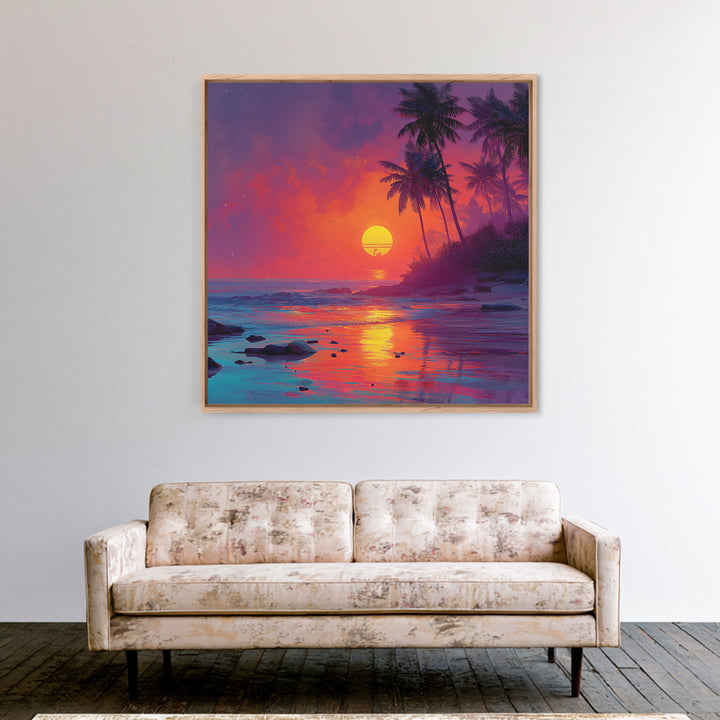 Vibrant Tropical Sunset Beach Wall Art, Colorful Palm Tree Ocean Canvas Print, Coastal Decor, Relaxing Summer Seascape