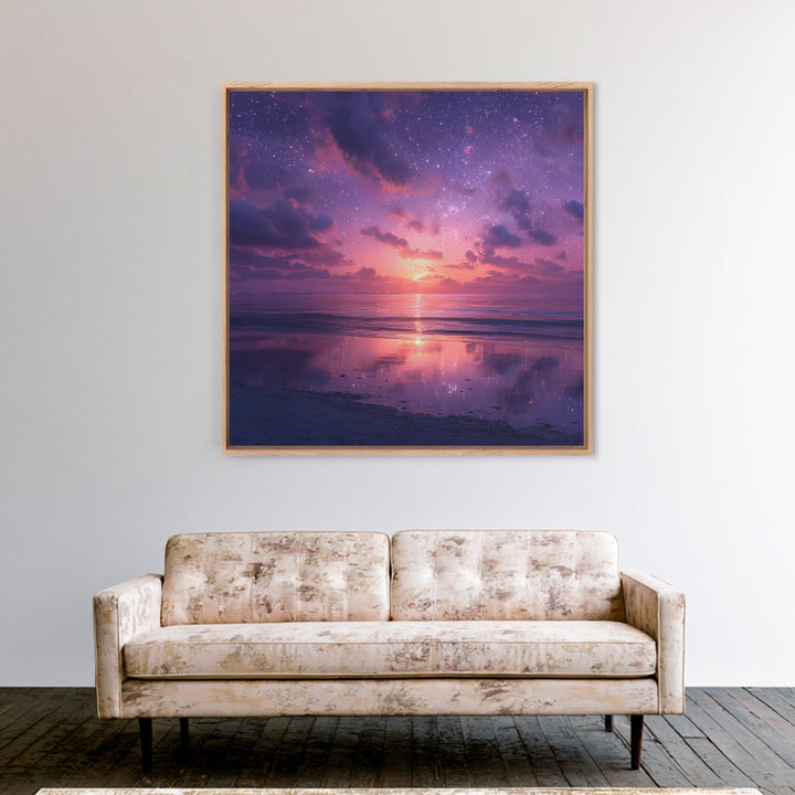 Dreamy Starlit Ocean Sunset Wall Art, Purple Night Sky Seascape Canvas Print, Calming Coastal Decor, Bedroom Artwork