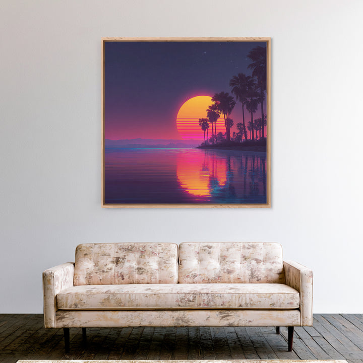 Neon Palm Tree Sunset Over Tropical Beach Wall Art, Retro Coastal Home Decor, Modern Landscape Art Print, Living Room Decor