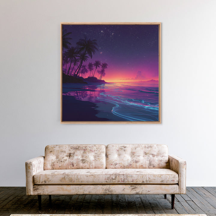 Neon Night Beach With Palm Trees Canvas Print, Dreamy Coastal Ocean Wall Art, Retro Tropical Bedroom And Living Room Decor