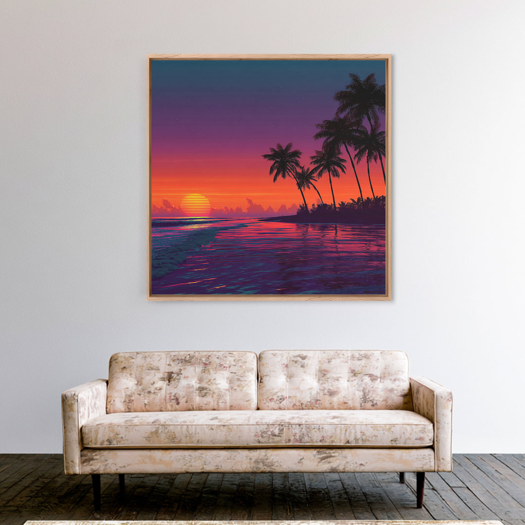 Neon Tropical Sunset Beach With Palm Trees Canvas Print, Coastal Wall Art, Colorful Ocean Art, Modern Home Decor Living Room