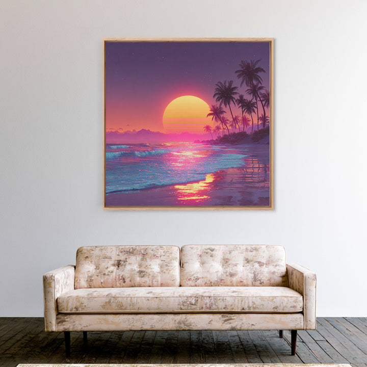 Pink Neon Beach Sunset Wall Art, Dreamy Vaporwave Ocean Canvas Print, Retro Coastal Landscape Art For Bedroom Or Living Room Decor