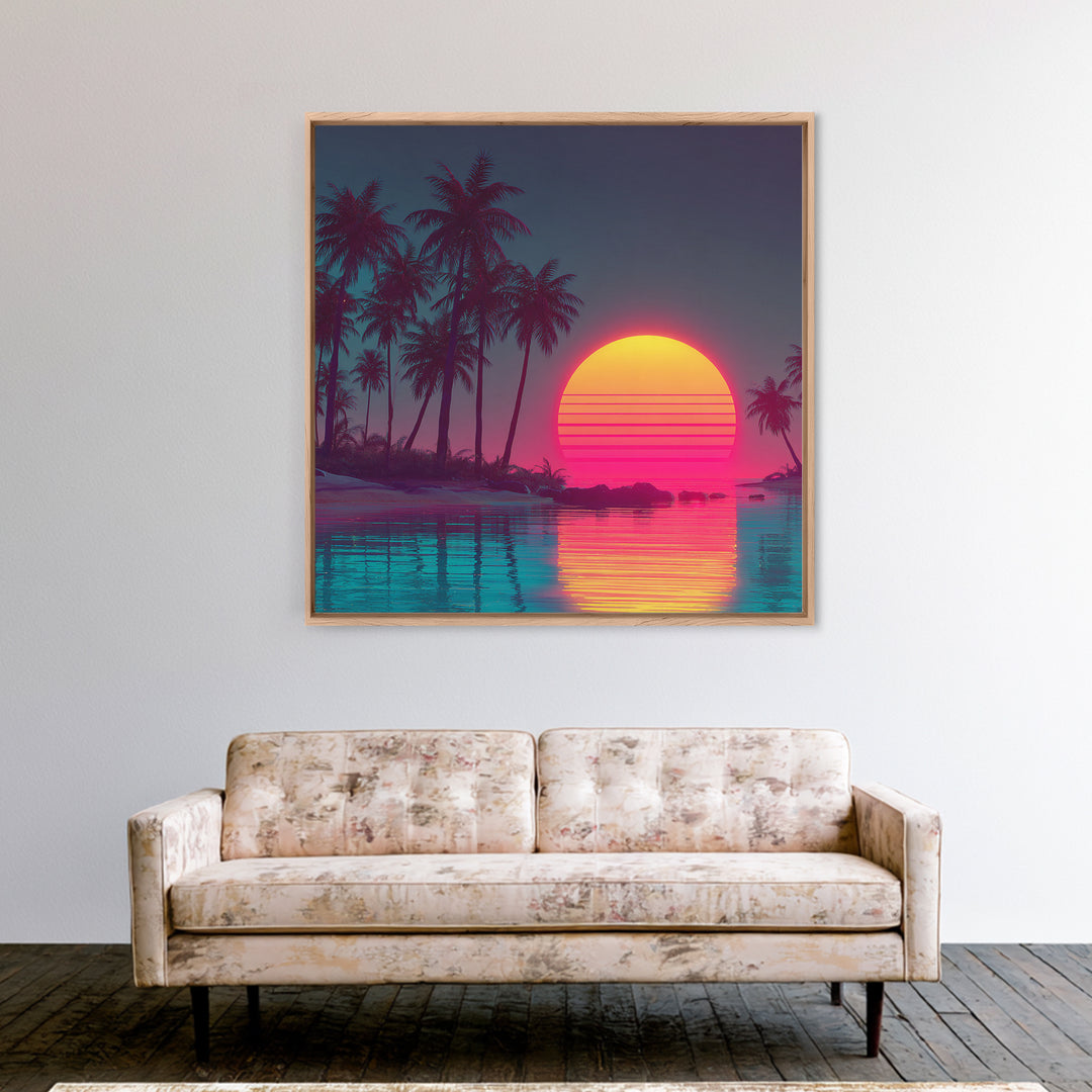 Neon Tropical Palm Trees And Retro Sunset Beach Wall Art, Vaporwave Coastal Canvas Print, Aesthetic Room Decor